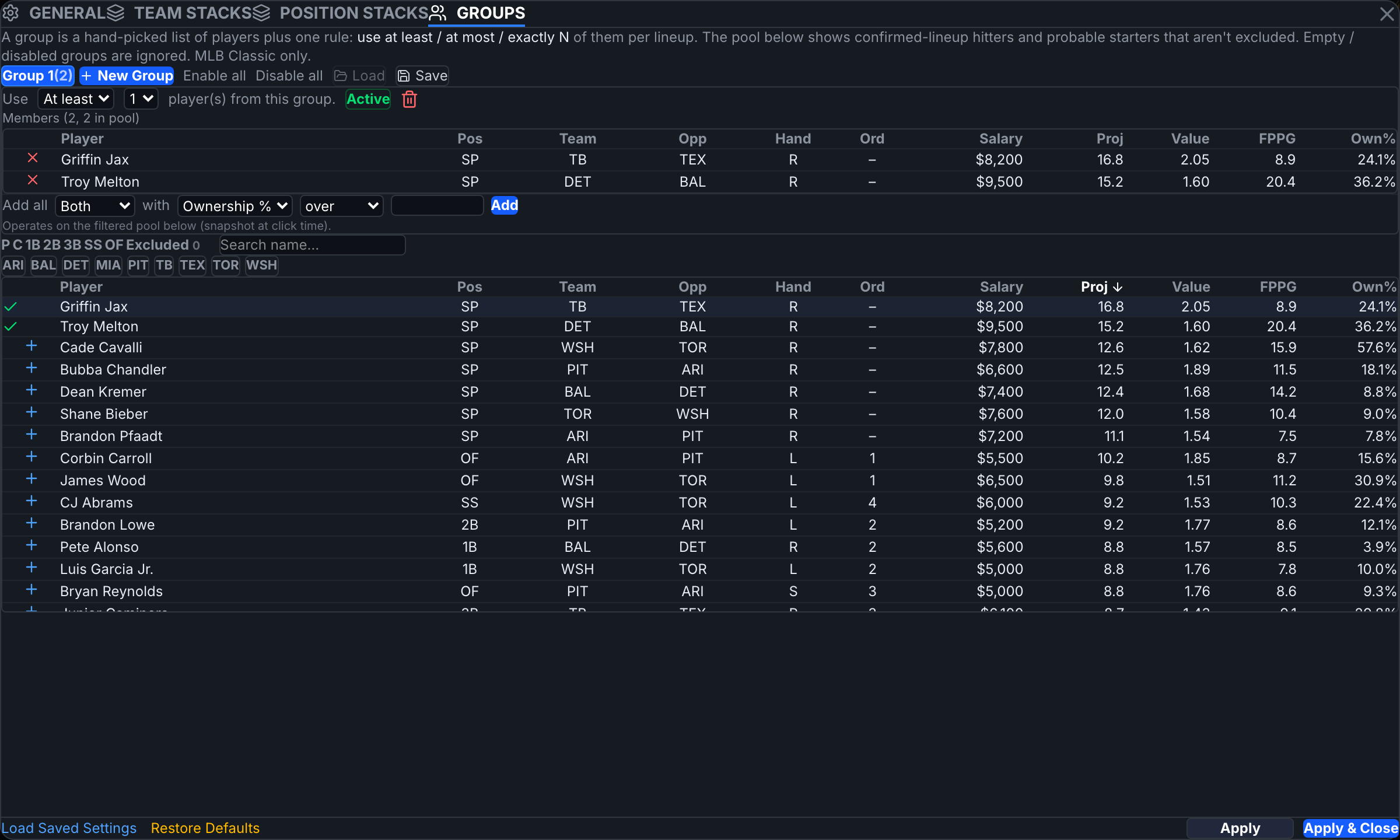 The GROUPS tab with a group defined