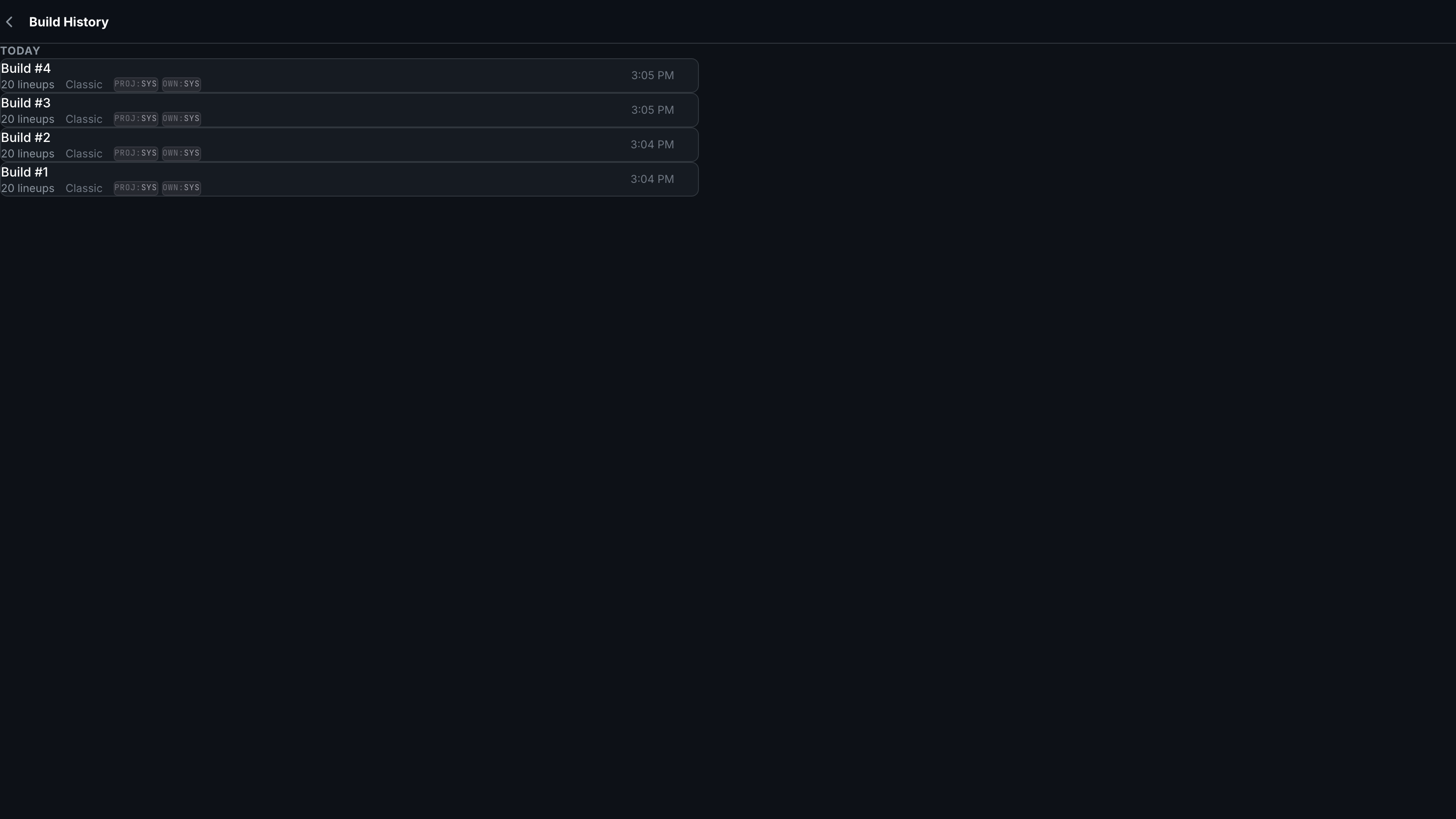 The All builds overlay listing builds across slates