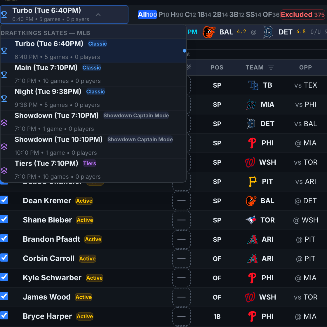 The slate dropdown open, listing available slates with game-type badges