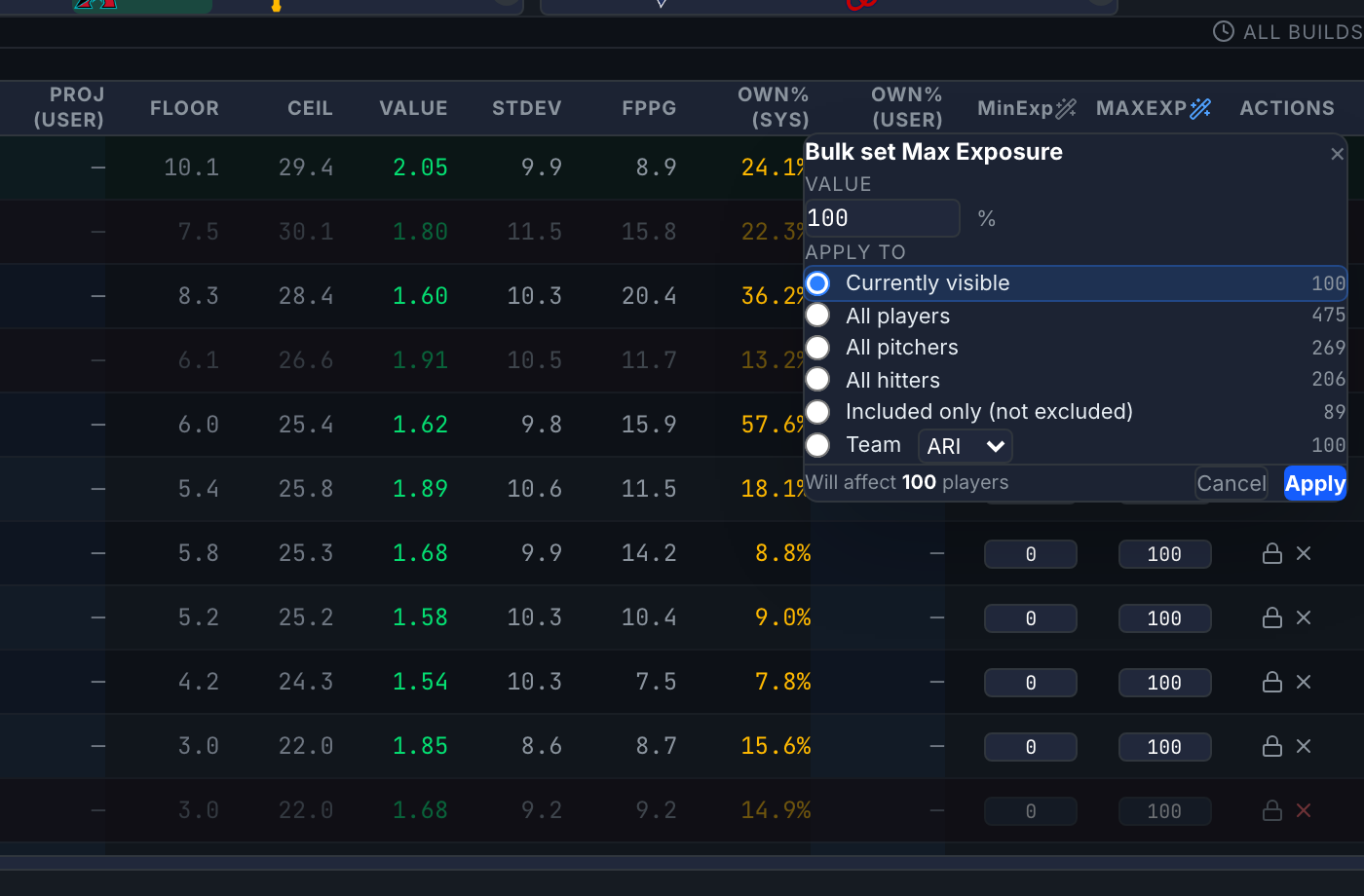 The bulk column edit popover with its scope options