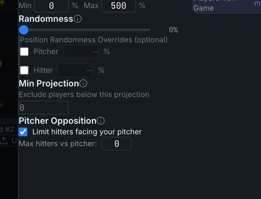 The randomness slider and MLB pitcher/hitter overrides in General settings