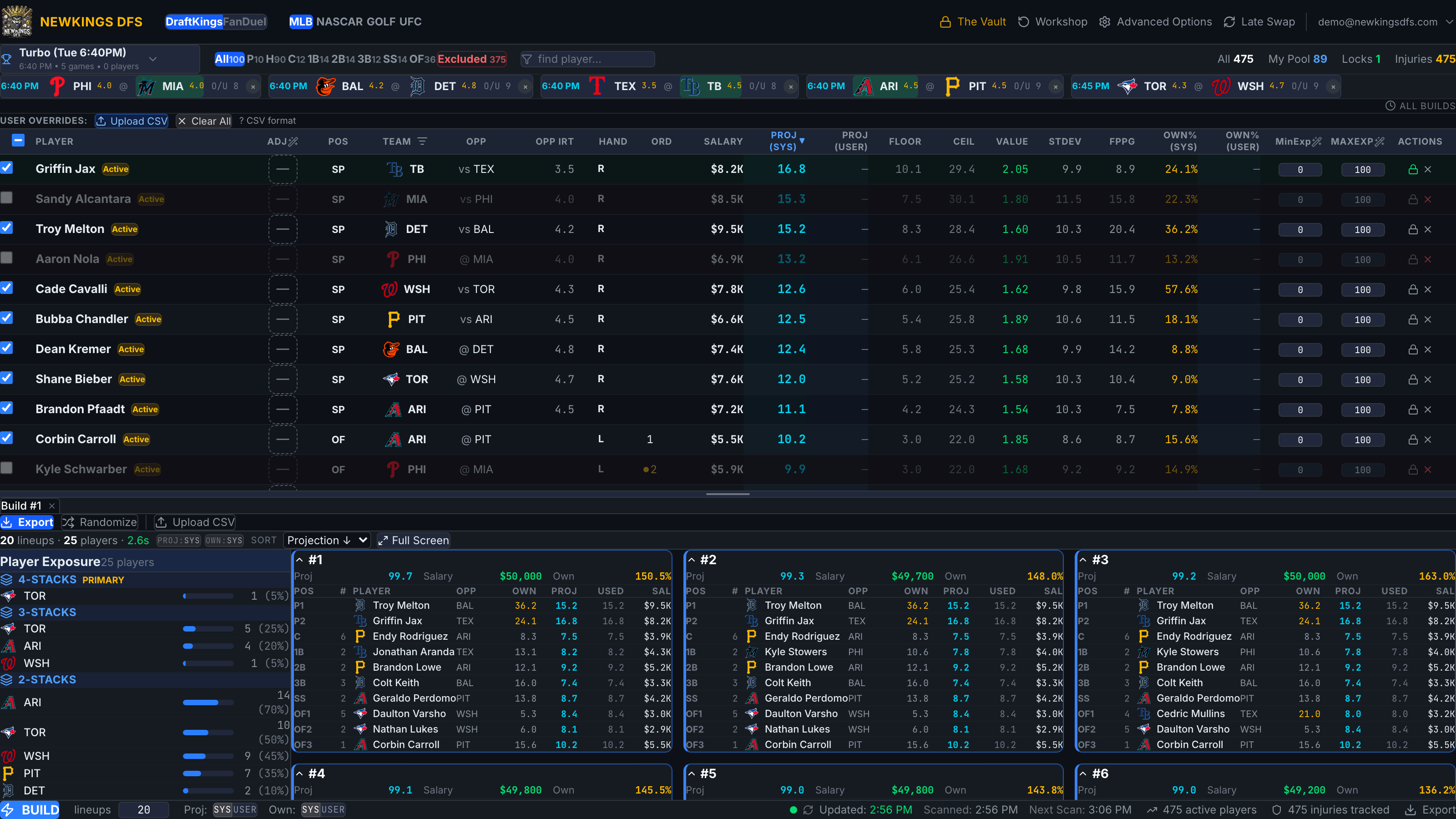 A finished build showing lineups in the results pane