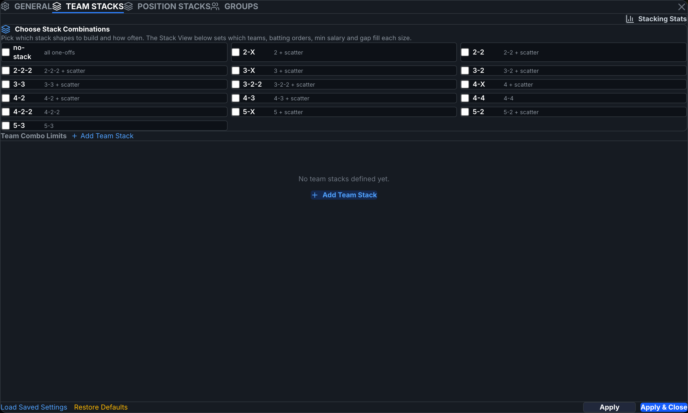 The TEAM STACKS tab in Advanced Options